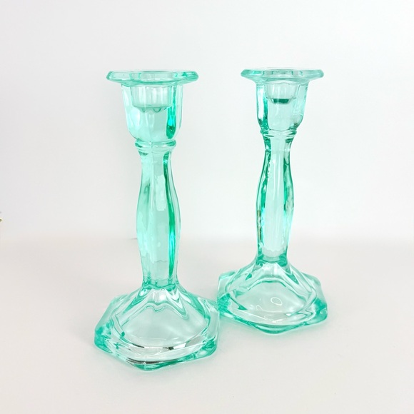 Vintage Set Of 2 Aqua Blue  Art Deco Glass Candlesticks Holders. Mid-Century Mod - Picture 9 of 13